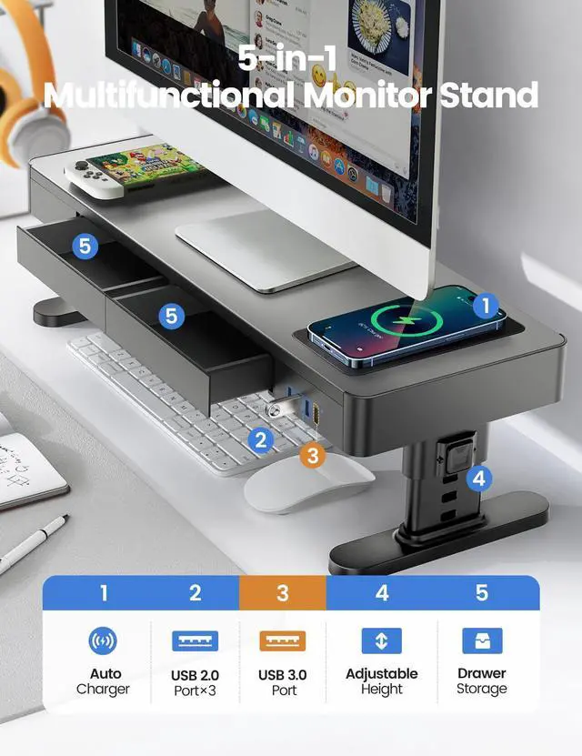 Alt view image 2 of 5 - meatanty Monitor Stand Heights Adjustable, Computer Riser with Auto Phone Charger, 4 USB Ports Hub and Drawer Storage, Metal Desktop Organizer Lifter Shelf for PC Screen Studio Display Office Gaming