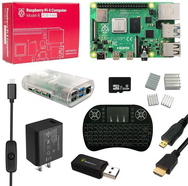 Main image of MakerSpot, Raspberry Pi 4 Model B Starter Kit with 5v3a UL Listed Charger HDMI Cable Heat Sink, 32GB MicroSD Card & Mini Wireless Keyboard