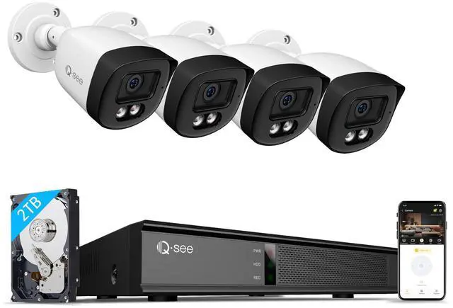 Main image of Qsee 8CH 5MP Security Camera System with Color Night Vision/Motion Detection, 4Pcs Wired PoE Cameras for Home Security Outdoors, 4K 8CH NVR with 2TB HDD for 24-7 Recording, Remote Access