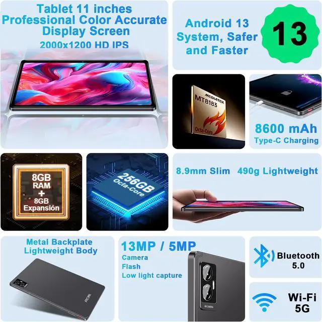 Alt view image 2 of 5 - FACETEL Tablet Android 11 inch Latest with 16GB+256GB+1TB Expand, 8600mAh, Support, Octa-Core 2.0 GHz, 5G WiFi, Dual Camera, Bluetooth 5.0, HD Screen Tablet with Keyboard and Mouse - Grey