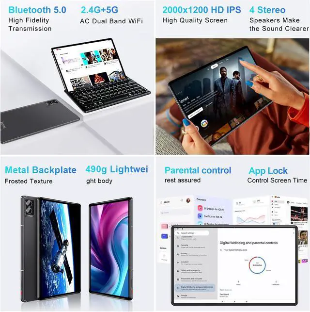 Alt view image 4 of 5 - FACETEL Tablet Android 11 inch Latest with 16GB+256GB+1TB Expand, 8600mAh, Support, Octa-Core 2.0 GHz, 5G WiFi, Dual Camera, Bluetooth 5.0, HD Screen Tablet with Keyboard and Mouse - Grey