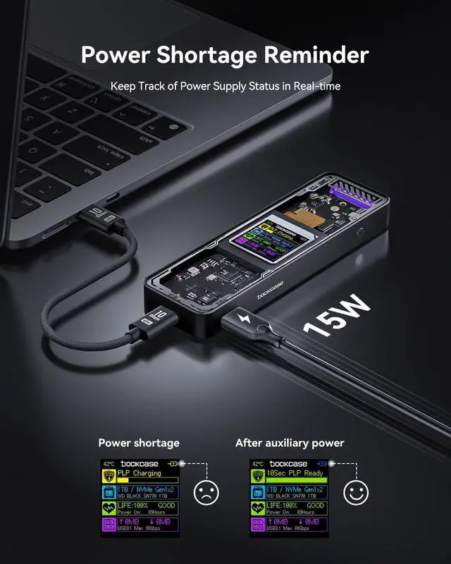 Alt view image 5 of 5 - DOCKCASE Explorer Edition M.2 NVMe SSD Enclosure,Support 10s PLP Prevents Write Data Loss,USB 3.2 Gen 2 Type-C (10 Gbps), fits NVMe PCIe,Size 2230/2242/2260/2280,Support M-Key B+M Key UASP...