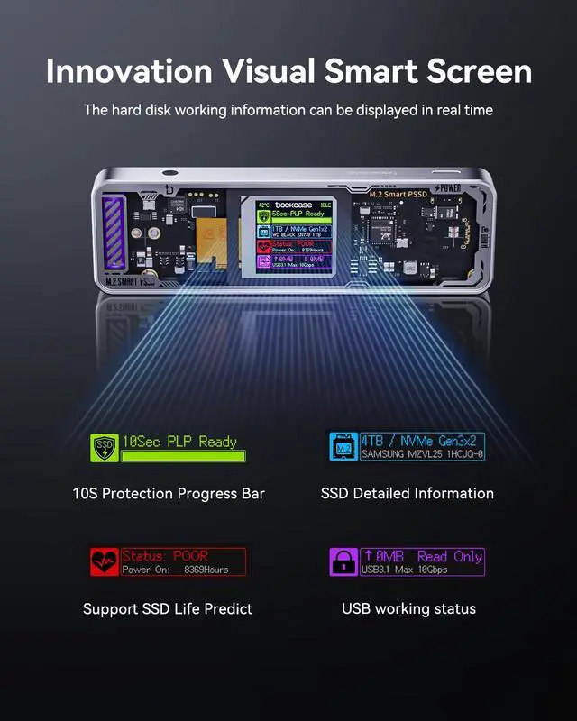 Alt view image 2 of 5 - DockCase Explorer Edition M.2 NVMe SSD Enclosure,Support 10s PLP Prevents Write Data Loss,USB 3.2 Gen 2 Type-C (10 Gbps), fits NVMe PCIe,Size 2230/2242/2260/2280,Support M-Key B+M Key UASP