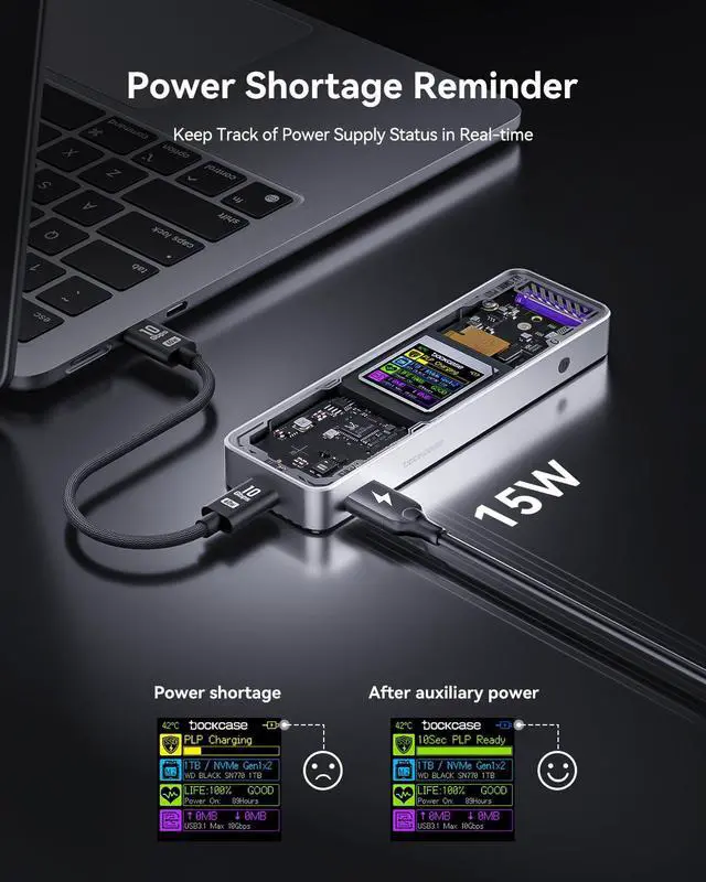 Alt view image 5 of 5 - DockCase Explorer Edition M.2 NVMe SSD Enclosure,Support 10s PLP Prevents Write Data Loss,USB 3.2 Gen 2 Type-C (10 Gbps), fits NVMe PCIe,Size 2230/2242/2260/2280,Support M-Key B+M Key UASP
