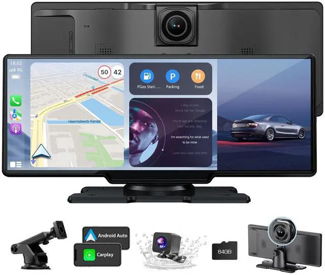 Main image of 10.26" HD Wireless Android & Carplay Screen for Car, Portable Touchscreen Car Stereo with 4K Dash Cam, 1080P Backup Camera, Bluetooth, AUX/FM, Siri, Mirror Link, GPS Navigation