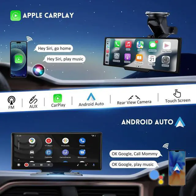 Alt view image 2 of 5 - 10.26" HD Wireless Android & Carplay Screen for Car, Portable Touchscreen Car Stereo with 4K Dash Cam, 1080P Backup Camera, Bluetooth, AUX/FM, Siri, Mirror Link, GPS Navigation