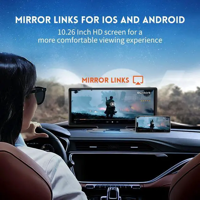 Alt view image 3 of 5 - 10.26" HD Wireless Android & Carplay Screen for Car, Portable Touchscreen Car Stereo with 4K Dash Cam, 1080P Backup Camera, Bluetooth, AUX/FM, Siri, Mirror Link, GPS Navigation
