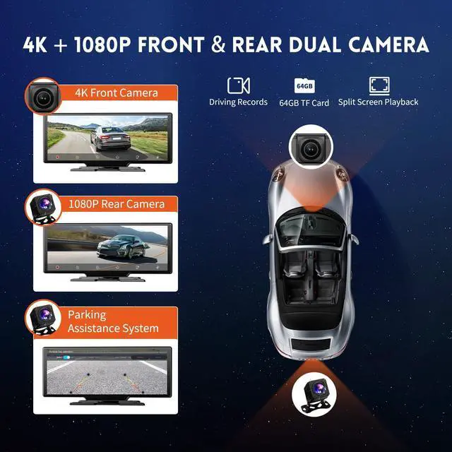 Alt view image 5 of 5 - 10.26" HD Wireless Android & Carplay Screen for Car, Portable Touchscreen Car Stereo with 4K Dash Cam, 1080P Backup Camera, Bluetooth, AUX/FM, Siri, Mirror Link, GPS Navigation