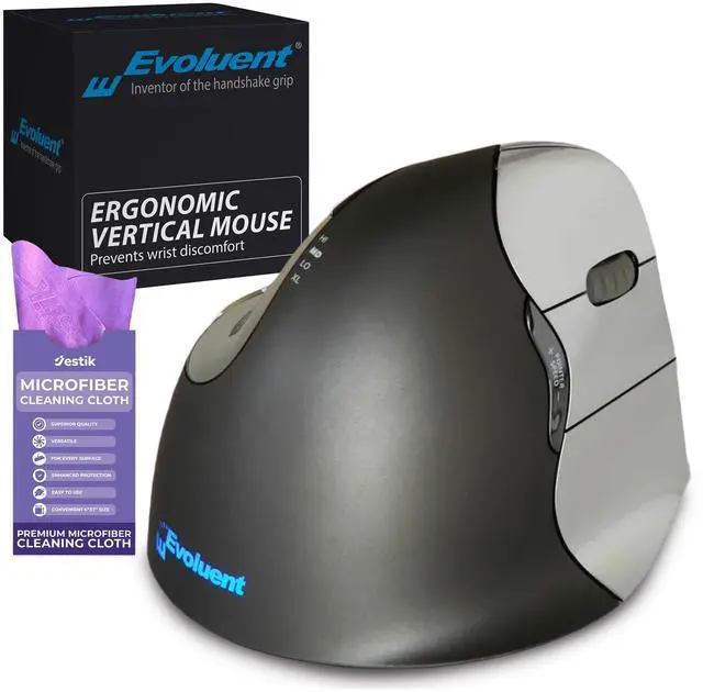 Main image of Evoluent Vertical Mouse 4 Right Hand (VM4R) - Ergonomic USB Wired Mouse for Laptop and PC with Jestik Microfiber Cloth (Regular Size) Black