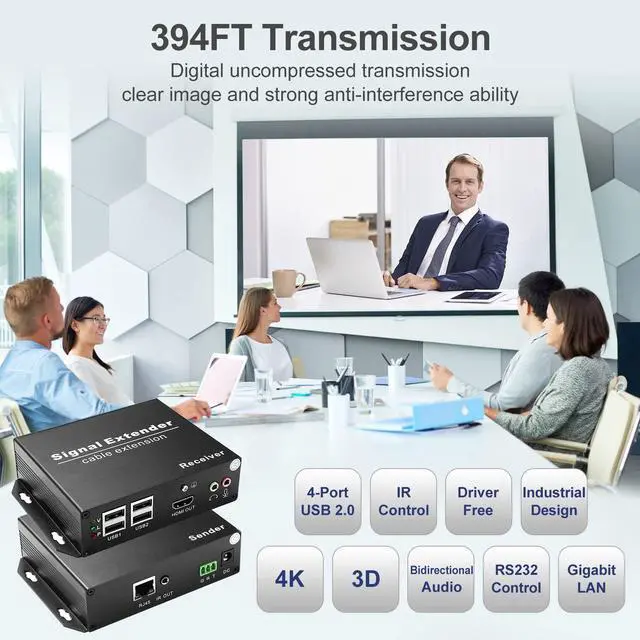 Alt view image 4 of 5 - HDMI KVM Extender Over Cat6/Cat5e -120M(394 ft) | 4K@30 Hz | Audio in/Out | IR Remote | EDID & 3D | RS232 | 4-Port USB 2.0 | Plug & Play | Windows Mac Linux