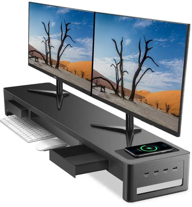 Main image of meatanty Dual Monitor Stand Riser with 2 Drawers,4 USB Ports and Charging Pad,Metal Monitor Stand for 2 Monitors Supports Transfer Data and Charging,Desk Organizer for PC,iMac(38.7 inches)