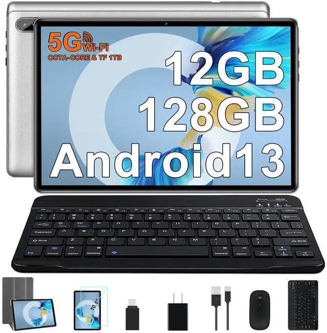 Main image of Tablet 10 inch 2025 Android 13 Octa-Core 2.0 GHz with 12GB RAM 128GB ROM TF 1TB, 5G WiFi, 6000mAh, FHD IPS Touchscreen, Bluetooth 5.0, 1280 * 800, 5+8 MP, 2 in 1 Tablet with Keyboard and Mouse, Silver