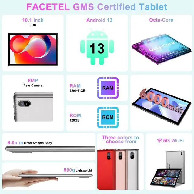 Alt view image 2 of 5 - Tablet 10 inch 2025 Android 13 Octa-Core 2.0 GHz with 12GB RAM 128GB ROM TF 1TB, 5G WiFi, 6000mAh, FHD IPS Touchscreen, Bluetooth 5.0, 1280 * 800, 5+8 MP, 2 in 1 Tablet with Keyboard and Mouse, Silver