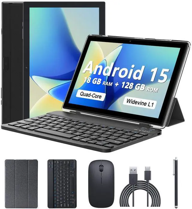 Main image of Android 15 Tablet 10 Inch, 18GB RAM+128GB ROM/2TB Expandable, 2 in 1 Tablets with Keyboard Case Mouse Stylus, 2.0GHz Quad-core Processor, 1280*800 IPS HD Screen, 5G WiFi 6 BT 5.0, 8MP Camera Tablet PC