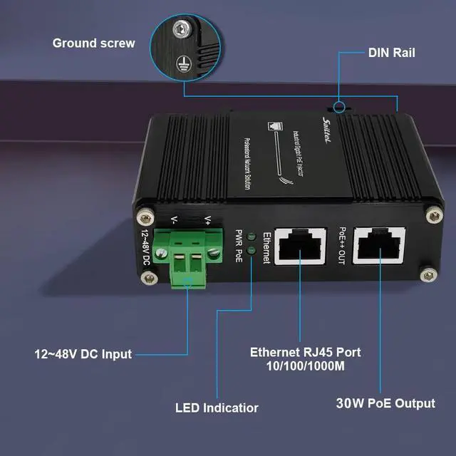 Alt view image 4 of 5 - PoE Injector - SaiLteL Industrial Gigabit PoE+ Injector,IEEE 802.3 bt /802.3at/802.3af Compliant,30W Hardened POE Adapter with 12-48V DC Input DIN- Rail, Wall Mount