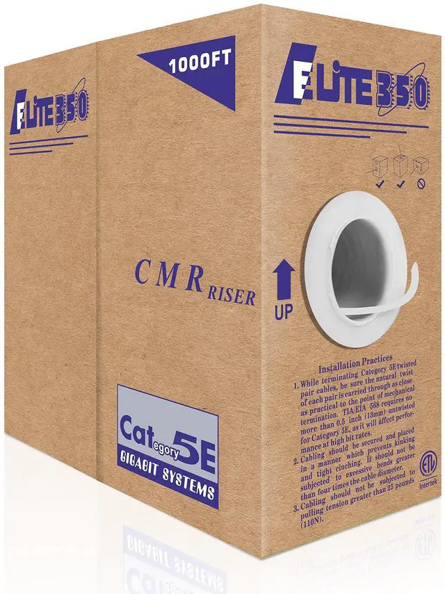 Main image of CAT5E Riser (CMR), 1000ft, UTP 24AWG, Solid Bare Copper, 350MHz, UL Certified, Easy to Pull (Reelex II) Box, Bulk Ethernet Cable, White