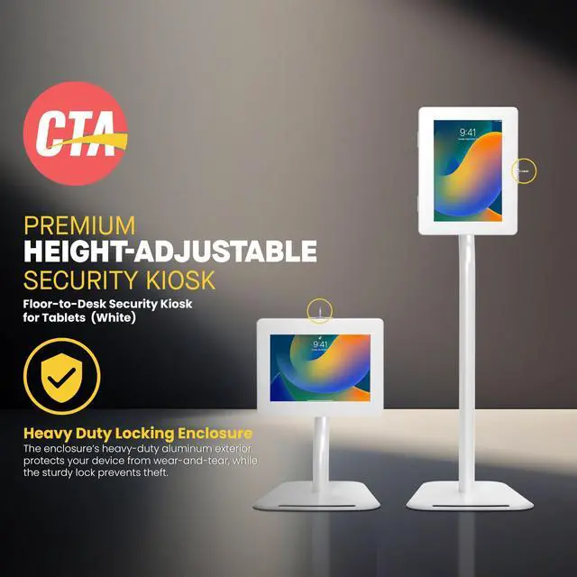 Alt view image 2 of 5 - Anti-Theft Height Adjustable Kiosk Floor Stand CTA Secure Lockable Store Kiosk W/Height Adjustable Mechanism | for iPad 7/8/9 iPad Pro 11" Inch Samsung & Microsoft Tablets - White (PAD-PARAFDW)