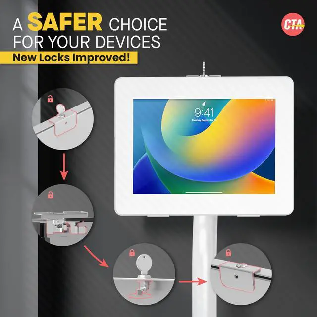 Alt view image 3 of 5 - Anti-Theft Height Adjustable Kiosk Floor Stand CTA Secure Lockable Store Kiosk W/Height Adjustable Mechanism | for iPad 7/8/9 iPad Pro 11" Inch Samsung & Microsoft Tablets - White (PAD-PARAFDW)