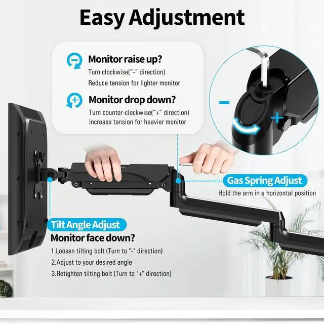 Alt view image 2 of 5 - MOUNTUP Triple Monitor Mount for 17-32 inch Screens, Full Motion Triple Monitor Stand, Gas Spring 3 Arm Desk Mount Hold up to 19.8 lbs Each, Clamp & Grommet Mounting, Black