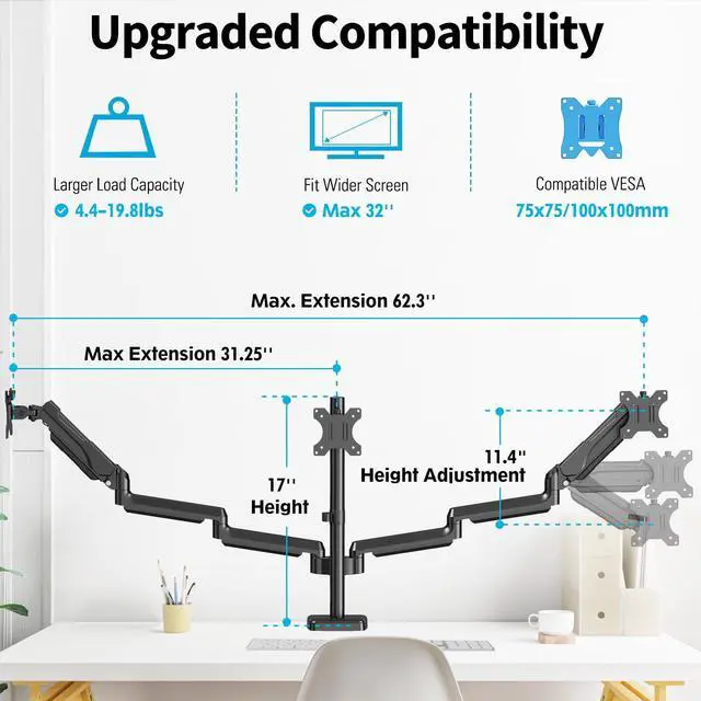 Alt view image 3 of 5 - MOUNTUP Triple Monitor Mount for 17-32 inch Screens, Full Motion Triple Monitor Stand, Gas Spring 3 Arm Desk Mount Hold up to 19.8 lbs Each, Clamp & Grommet Mounting, Black