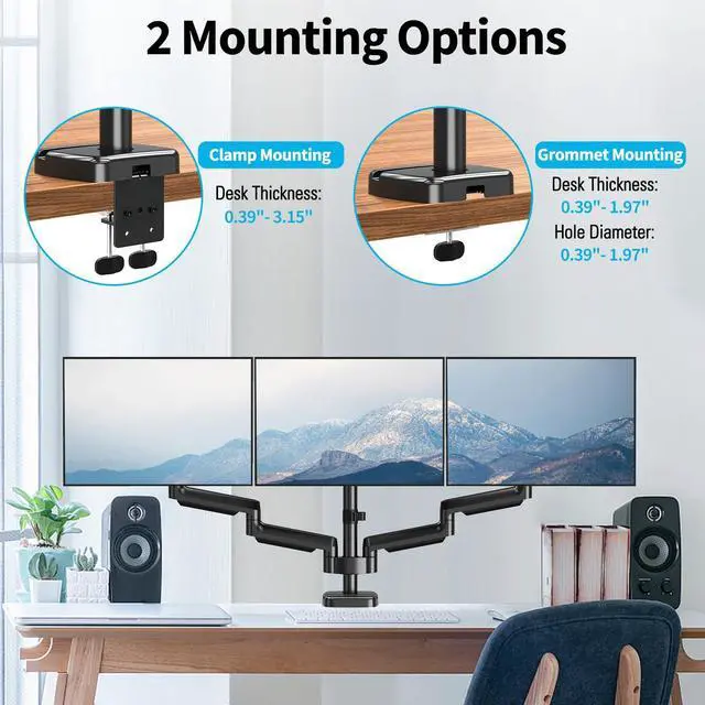 Alt view image 5 of 5 - MOUNTUP Triple Monitor Mount for 17-32 inch Screens, Full Motion Triple Monitor Stand, Gas Spring 3 Arm Desk Mount Hold up to 19.8 lbs Each, Clamp & Grommet Mounting, Black