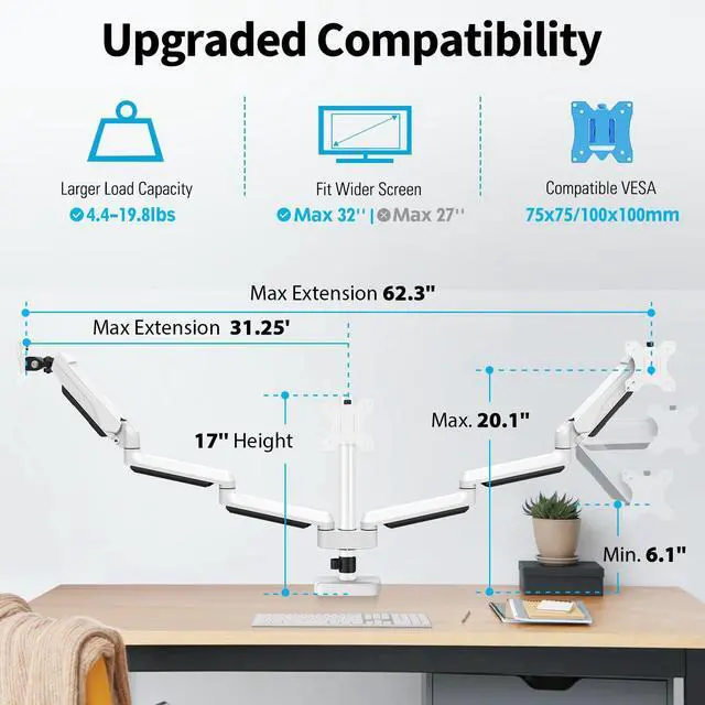 Alt view image 2 of 5 - MOUNTUP Triple Monitor Mount for 17-32 inch Screens, Full Motion Triple Monitor Stand, Gas Spring 3 Arm Desk Mount Hold up to 19.8 lbs Each, Clamp & Grommet Mounting, White