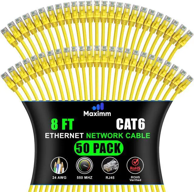 Main image of Maximm Cat 6 Ethernet Cable - 8 ft (50-Pack) - High-Speed LAN, Internet, Patch, and Network Cable - UTP, 10Gbps, 550MHz Ethernet Cord - Yellow