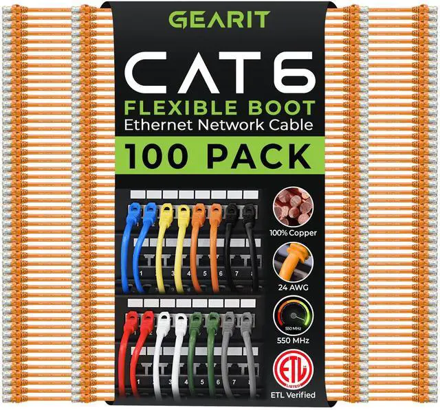 Main image of GEARit 100-Pack Cat6 Patch Cable 0.5 Foot / 6 Inches Cat 6 Ethernet Cable Snagless Flexible Soft Tab - Premium Series - Orange