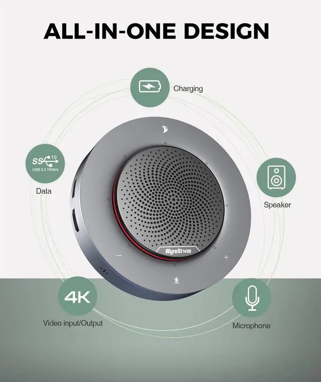 Alt view image 2 of 5 - WYRESTORM Halo 90 Conference Speaker with USB-C Multi-Port Adapter Docking Supply Power to PC, 4 Noise-canceling Mics, Enhanced 360deg Voice Pickup, 4K@60Hz Video Resolution, AGC Voice Balance