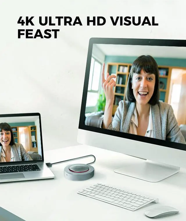 Alt view image 3 of 5 - WYRESTORM Halo 90 Conference Speaker with USB-C Multi-Port Adapter Docking Supply Power to PC, 4 Noise-canceling Mics, Enhanced 360deg Voice Pickup, 4K@60Hz Video Resolution, AGC Voice Balance