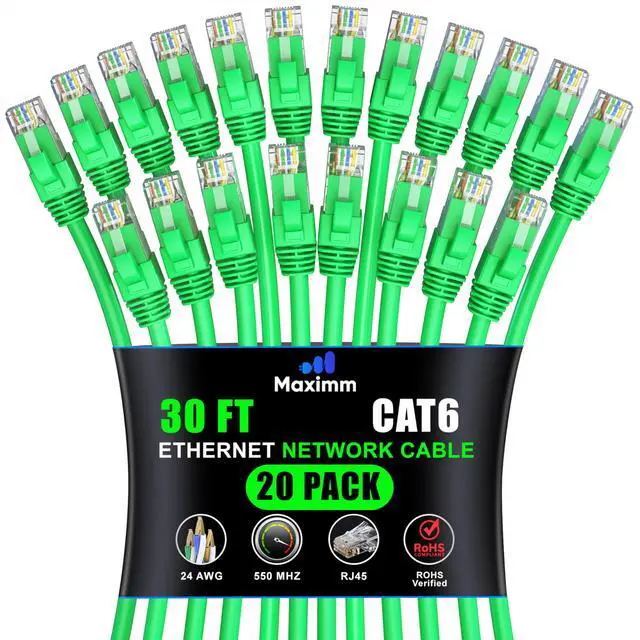 Main image of Maximm Cat 6 Ethernet Cable 30 ft (20-Pack) - High-Speed LAN Cable, Internet Cable, Patch Cable, and Network Cable - UTP, 10Gbps, 550MHz Ethernet Cord - Green