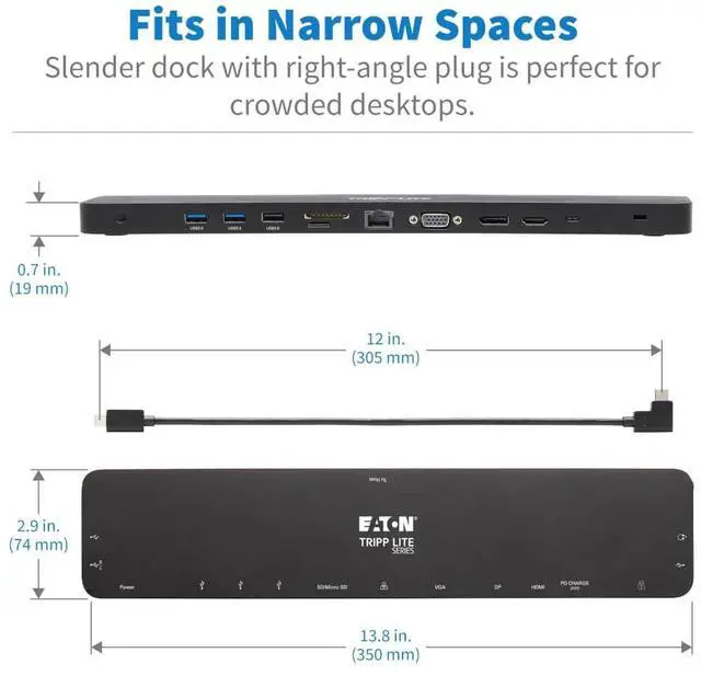Alt view image 4 of 5 - Tripp Lite USB-C Docking Station with Triple Display, 4K HDMI @ 30 Hz, DisplayPort, VGA, USB-A 3.2 Gen 1, Gigabit Ethernet Port, 100W PD Charging, Black Housing, 3-Year Warranty (U442-DOCK7D-B)