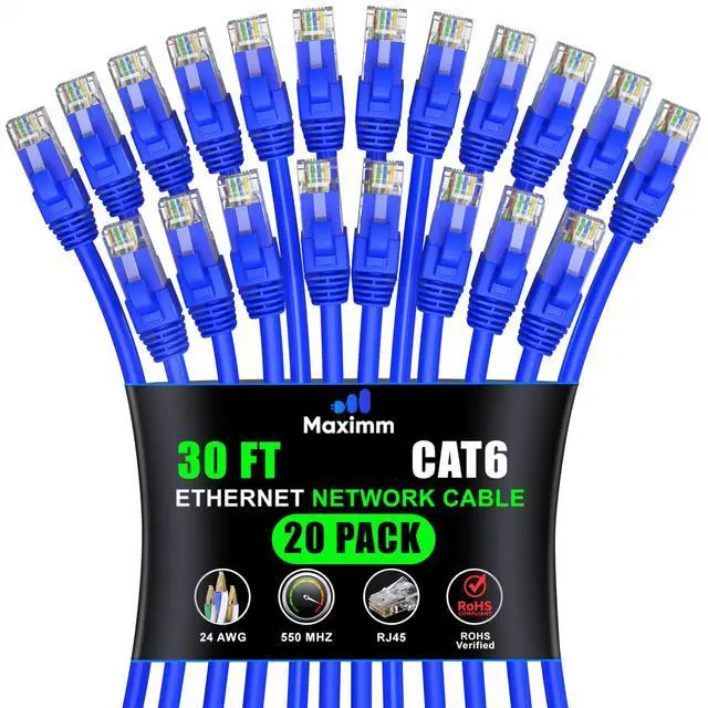Main image of Maximm Cat 6 Ethernet Cable 30 ft (20-Pack) - High-Speed LAN Cable, Internet Cable, Patch Cable, and Network Cable - UTP, 10Gbps, 550MHz Ethernet Cord - Blue