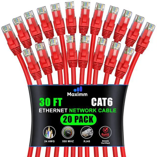 Main image of Maximm Cat 6 Ethernet Cable 30 ft (20-Pack) - High-Speed LAN Cable, Internet Cable, Patch Cable, and Network Cable - UTP, 10Gbps, 550MHz Ethernet Cord - Red