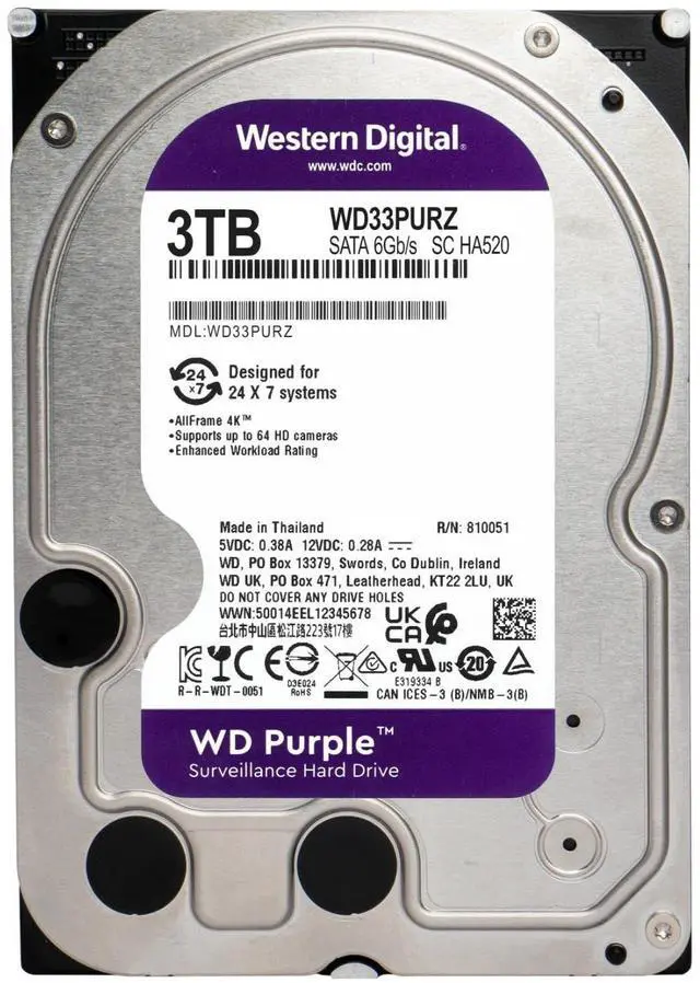 Alt view image 2 of 2 - Western Digital 3TB WD Purple Surveillance Internal Hard Drive HDD - SATA 6 Gb/s, 256 MB Cache, 3.5" - WD33PURZ