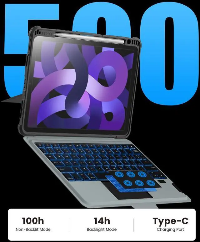 Alt view image 5 of 5 - Nillkin iPad Air 5th Generation Case with Keyboard Backlight, Detachable Kickstand,Pencil Holder, Trackpad, Backlit Laptop-Style Key for iPad Air 4 /Pro 11 2021/2020/2022 (Black)