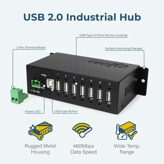 Alt view image 2 of 5 - Coolgear Industrial 7 Port USB 2.0 Hub with NEC Chip, Surge Protection, Screw Lock Ports for Secure Connections, Surface & DIN Rail Mount Ready