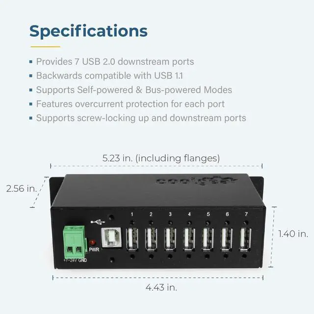 Alt view image 4 of 5 - Coolgear Industrial 7 Port USB 2.0 Hub with NEC Chip, Surge Protection, Screw Lock Ports for Secure Connections, Surface & DIN Rail Mount Ready