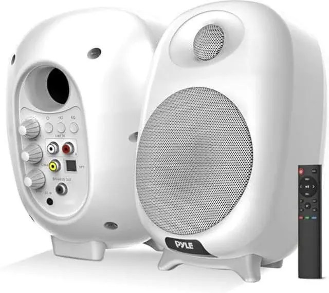 Alt view image 2 of 5 - PyleUsa HiFi 60W Powered Bluetooth Bookshelf Monitor Speaker Set, Optical RCA in, Bass/Treble Adjustable, Deep Bass, 3 Audio Mode, Studio Computer Desk Stereo System, Remote Control, White - PBKSR40WT