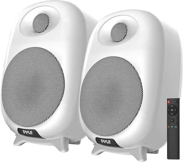 Main image of PyleUsa HiFi 60W Powered Bluetooth Bookshelf Monitor Speaker Set, Optical RCA in, Bass/Treble Adjustable, Deep Bass, 3 Audio Mode, Studio Computer Desk Stereo System, Remote Control, White - PBKSR40WT