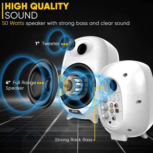Alt view image 4 of 5 - PyleUsa HiFi 60W Powered Bluetooth Bookshelf Monitor Speaker Set, Optical RCA in, Bass/Treble Adjustable, Deep Bass, 3 Audio Mode, Studio Computer Desk Stereo System, Remote Control, White - PBKSR40WT