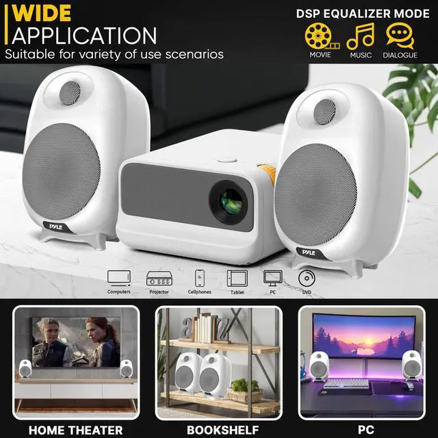 Alt view image 5 of 5 - PyleUsa HiFi 60W Powered Bluetooth Bookshelf Monitor Speaker Set, Optical RCA in, Bass/Treble Adjustable, Deep Bass, 3 Audio Mode, Studio Computer Desk Stereo System, Remote Control, White - PBKSR40WT