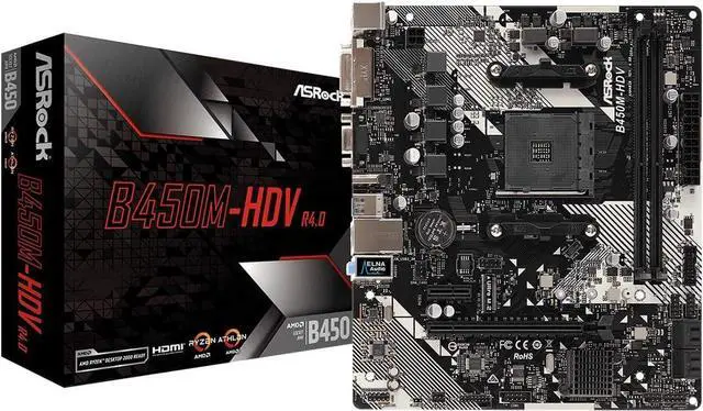 Main image of B450M-HDV R4.0 AMD B450 AM4 Socket Ryzen 2000 - 5000 Processors DDR4 3200 64GB HDMI DVI-D D-Sub Motherboard SATA 6Gb/s Micro ATX M.2