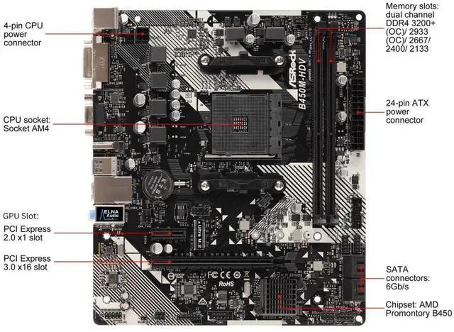 Alt view image 2 of 4 - B450M-HDV R4.0 AMD B450 AM4 Socket Ryzen 2000 - 5000 Processors DDR4 3200 64GB HDMI DVI-D D-Sub Motherboard SATA 6Gb/s Micro ATX M.2