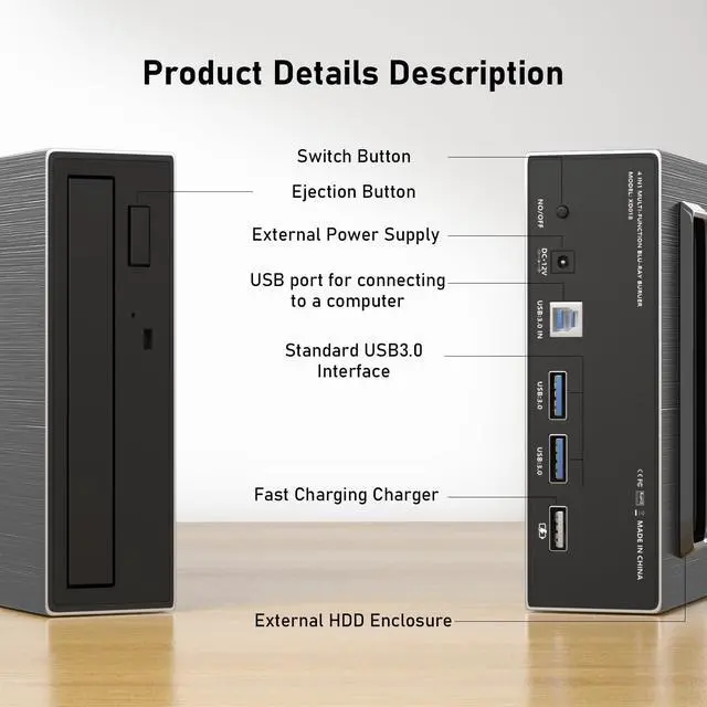 Alt view image 3 of 5 - mthstec 4 in 1 External Blu ray Drive, 16x USB 3.0 and Type-C External Bluray Drive, Multi-Function Fast-Charging Desktop BD/CD/DVD Burner/Read with HDD Enclosure USB HUB for Both Mac/PC