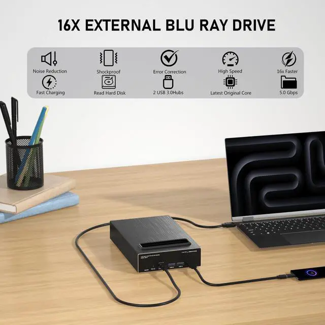 Alt view image 2 of 5 - mthstec 4 in 1 External Blu ray Drive, 16x USB 3.0 and Type-C External Bluray Drive, Multi-Function Fast-Charging Desktop BD/CD/DVD Burner/Read with HDD Enclosure USB HUB for Both Mac/PC