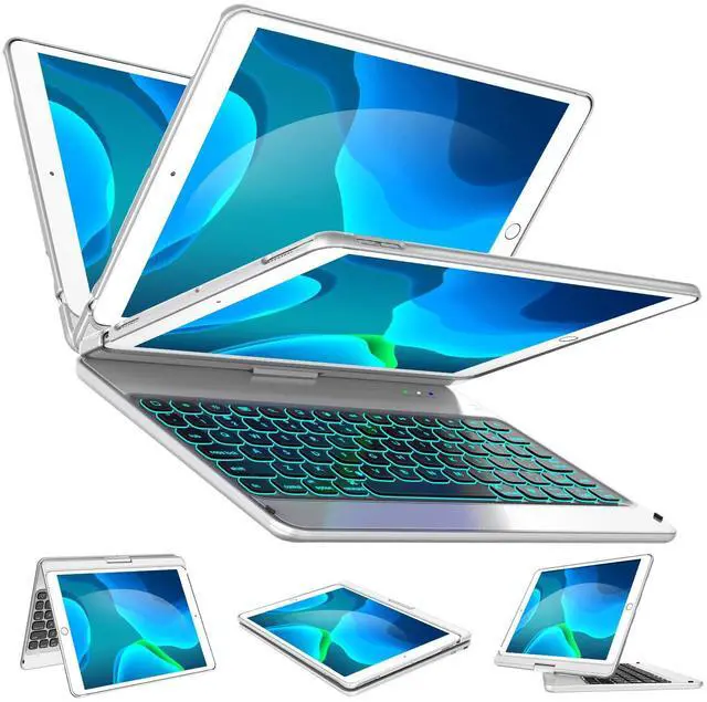 Main image of Keyboard Case for 8th Generation (2020 10.2 inch), 7th Generation, Air 3, Pro 10.5 Compatible - 7 Color Backlit - 360 Rotatable/7 Modes - Slim Wireless Keyboard with Folio Hard Back Cover, Silver