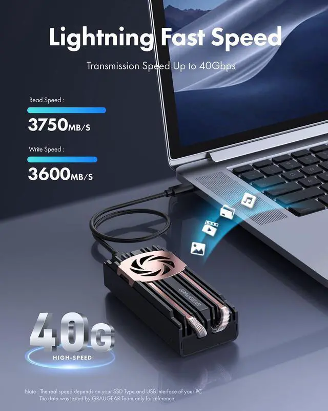 Alt view image 2 of 5 - GRAUGEAR 40Gbps M.2 NVMe SSD Enclosure, USB4 NVMe SSD Enclosure with Cooling Fan and Dual-Pipe Heatsink Aluminum, Thunderbolt 4/3, ASM2464PD Chip