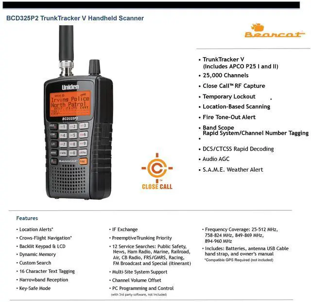 Alt view image 4 of 5 - Uniden BCD325P2 Handheld TrunkTracker V Scanner. 25,000 Dynamically Allocated Channels. Close Call RF Capture Technology. Location-Based Scanning and S.A.M.E. Weather Alert. Compact Size.
