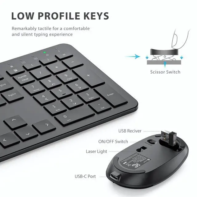 Alt view image 4 of 5 - iClever GK08 Wireless Keyboard and Mouse - Ultra Slim Keyboard and Mouse Combo, Full Size Design with Number Pad, 2.4G Stable Connection Slim Keyboard and Mouse for Windows, Mac OS Computer (Black)